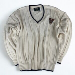 Vintage Cable Knit V-Neck Crest Sweater Mens 2XL Cream 90s Preppy Dunbrooke USA